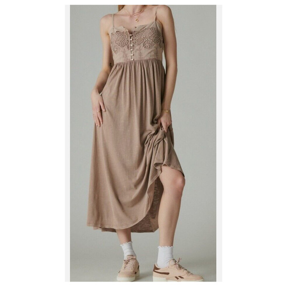 Lucky Brand Dresses & Skirts - Lucky Brand Lace Button Front Midi Dress Tan Spaghetti Strap Boho Beach M